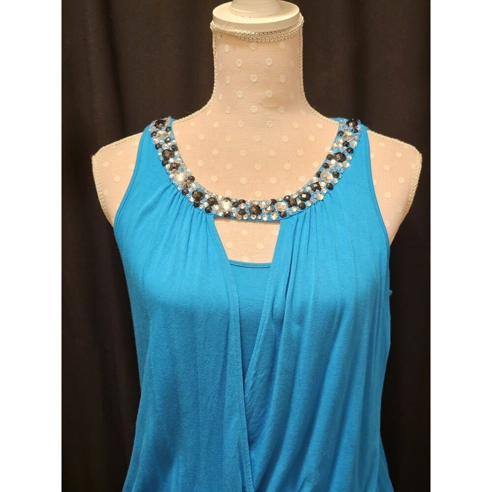 Cable & Gauge Turquoise Embellished Sleeveless Blouse  Draped Front Blouson Sz M